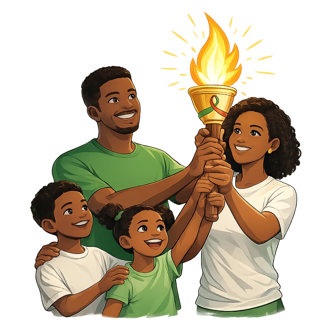 Une famille togolaise réunie autour d'une flamme symbolisant l'espoir et la solidarité